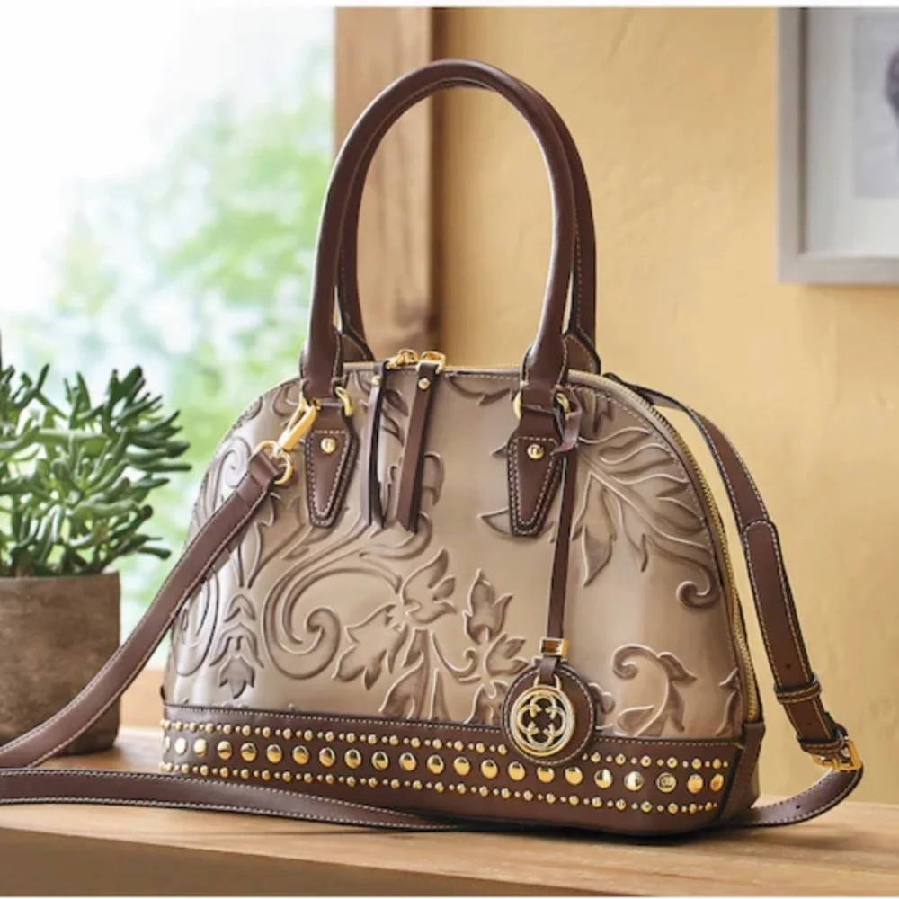 MC leather embossed handbag Chic Cream and Brown Satchel